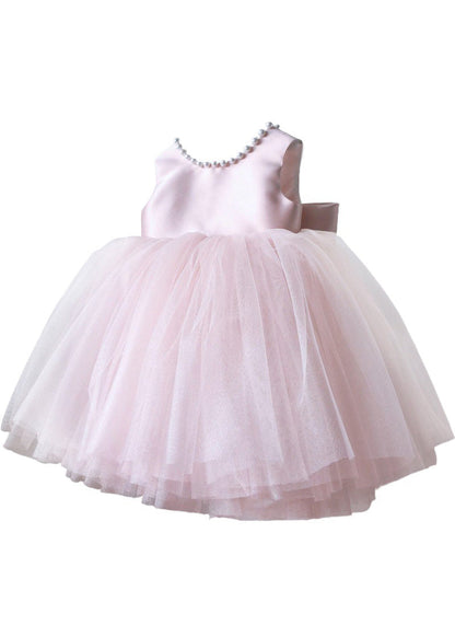 Boutique Pink Nail Bead Bow Tulle Kids Maxi Dresses Sleeveless YS034