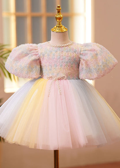 Boutique Pink O-Neck Nail Bead Tulle Kids Vacation Long Dresses Short Sleeve YS002