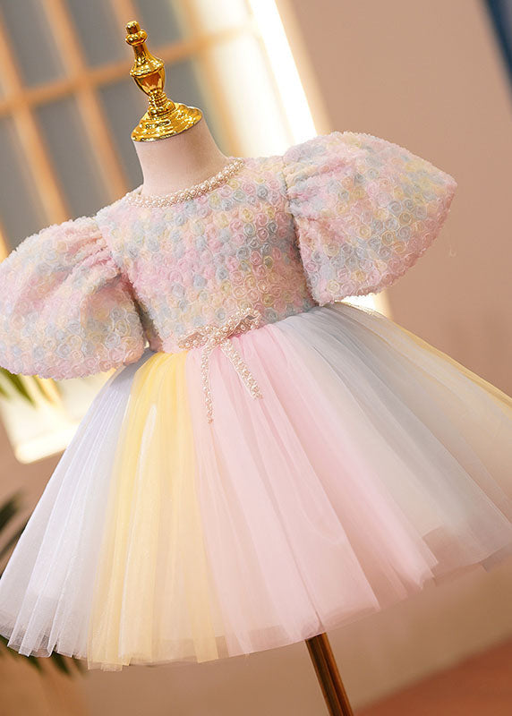 Boutique Pink O-Neck Nail Bead Tulle Kids Vacation Long Dresses Short Sleeve YS002