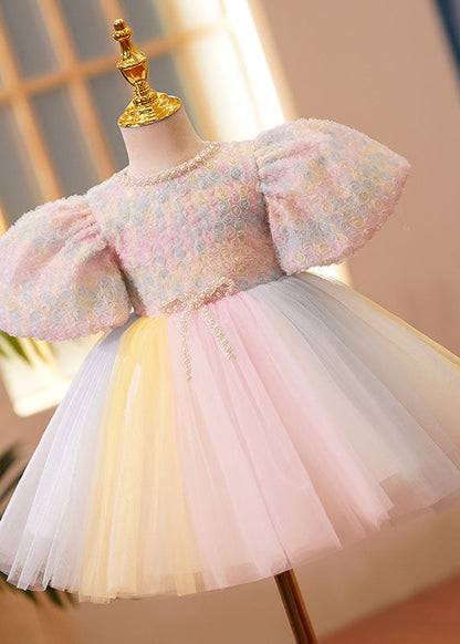 Boutique Pink O-Neck Nail Bead Tulle Kids Vacation Long Dresses Short Sleeve YS002