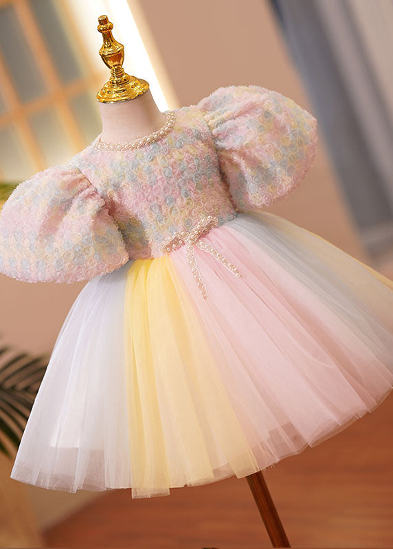 Boutique Pink O-Neck Nail Bead Tulle Kids Vacation Long Dresses Short Sleeve YS002