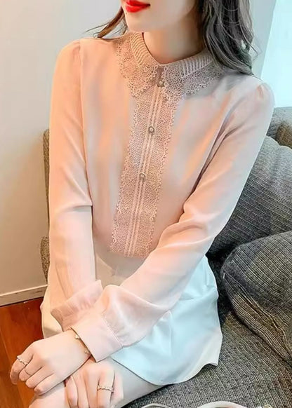 Boutique Collar Pan Shirt Top Cotton Pink Patchwork Peter Lace