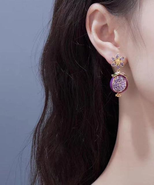 Boutique Purple Copper Zircon Drip Glaze Pomegranate Flower Drop Earrings WP015