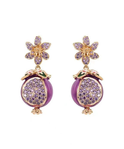 Boutique Purple Copper Zircon Drip Glaze Pomegranate Flower Drop Earrings WP015