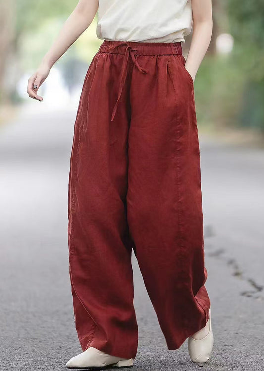 Pockets Elastic Pants Red Waist Summer Boutique Linen