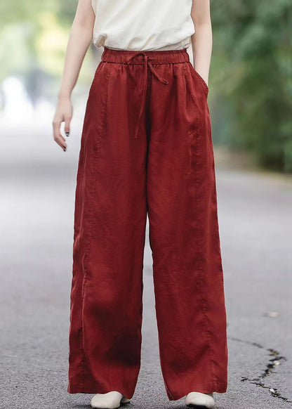 Pockets Elastic Pants Red Waist Summer Boutique Linen