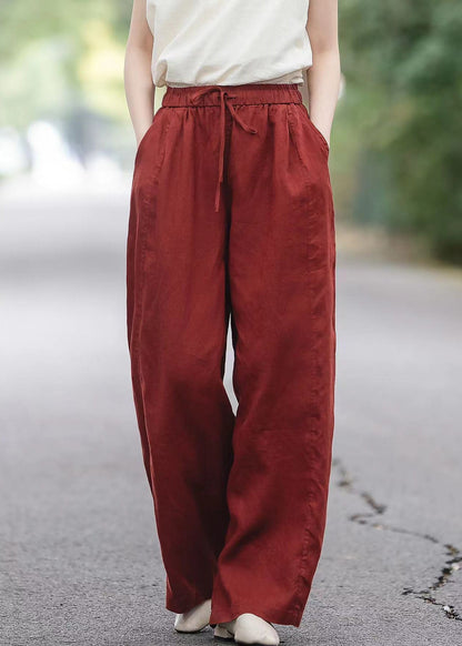 Pockets Elastic Pants Red Waist Summer Boutique Linen