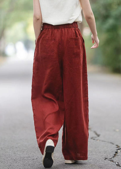 Pockets Elastic Pants Red Waist Summer Boutique Linen