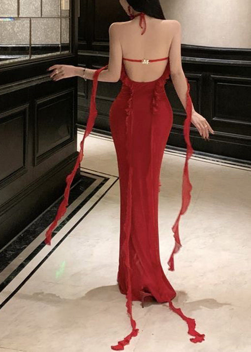 Dress Sexy Red Boutique Long Summer Backless Halter Ruffled