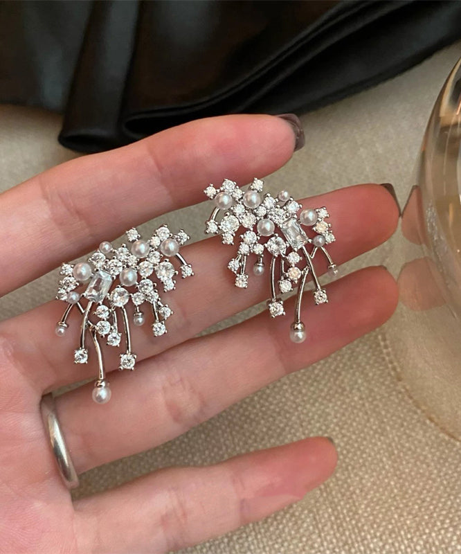 Silver Silk Snowflake Boutique Stud Earrings Sterling Zircon