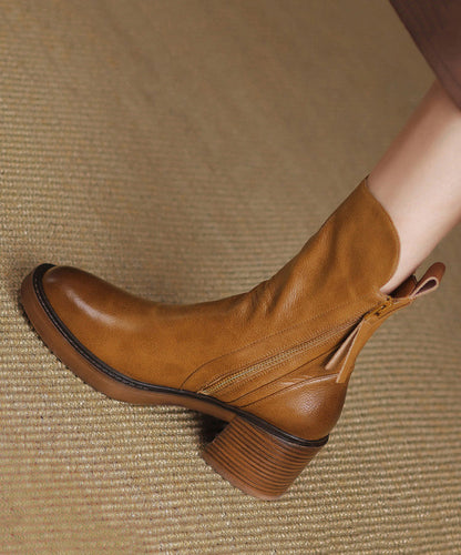 Splicing Leather Boots Cowhide Chunky Brown Boutique