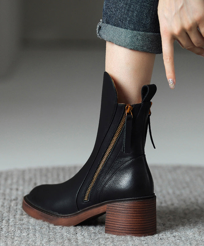 Splicing Leather Boots Cowhide Chunky Brown Boutique