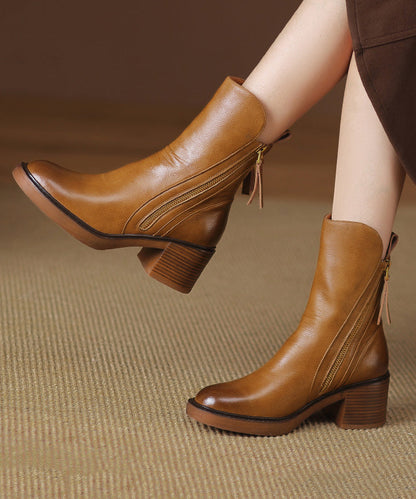 Splicing Leather Boots Cowhide Chunky Brown Boutique