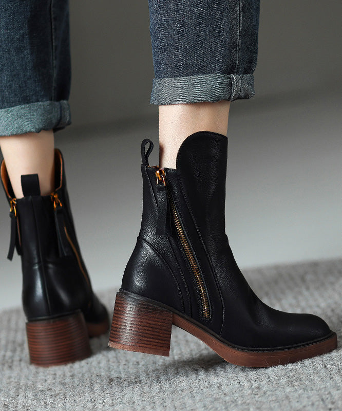 Splicing Leather Boots Cowhide Chunky Brown Boutique