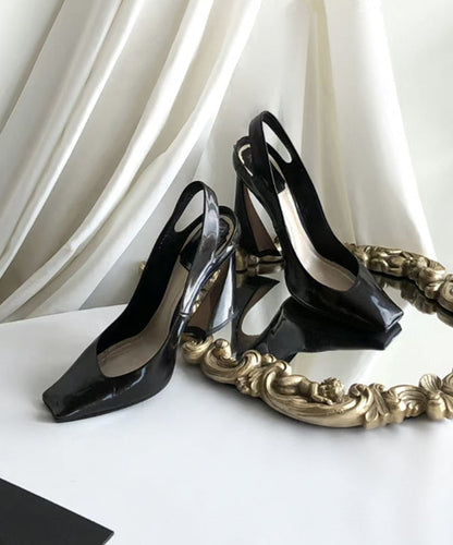 Sheepskin Sandals Heel Splicing High Boutique Black Toe Square