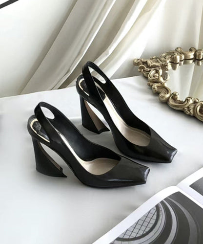 Black Sheepskin High Square Boutique Heel Toe Sandals Splicing