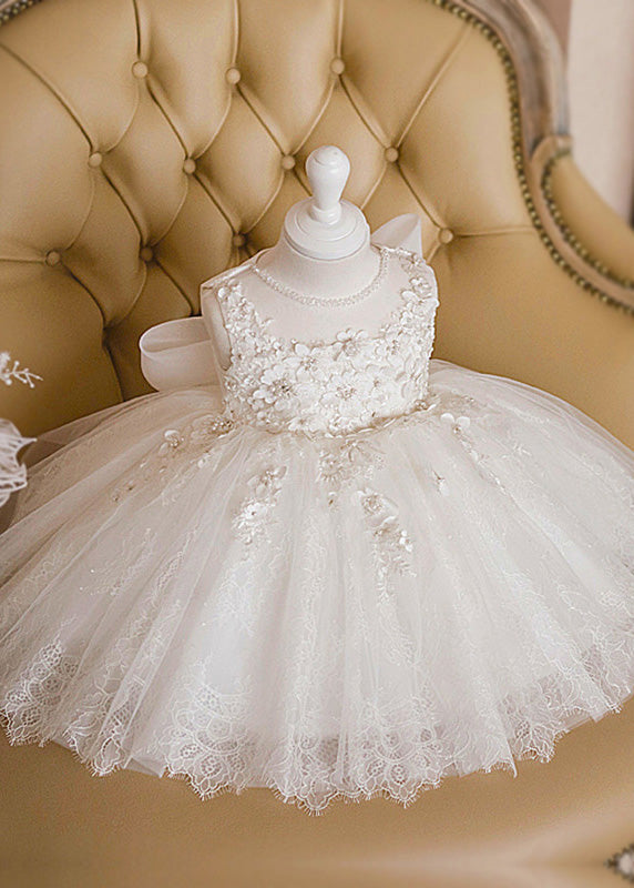 Boutique White Floral Lace Patchwork Tulle Girls Long Dress Sleeveless YS022