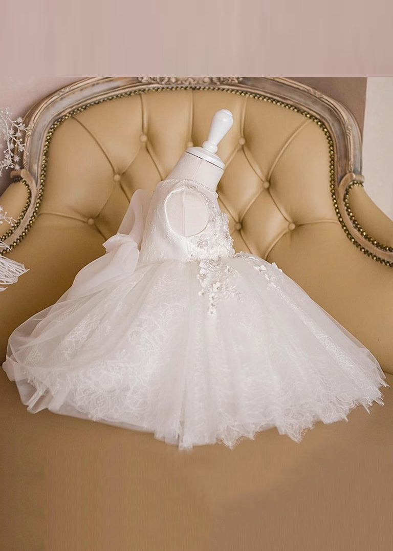Boutique White Floral Lace Patchwork Tulle Girls Long Dress Sleeveless YS022