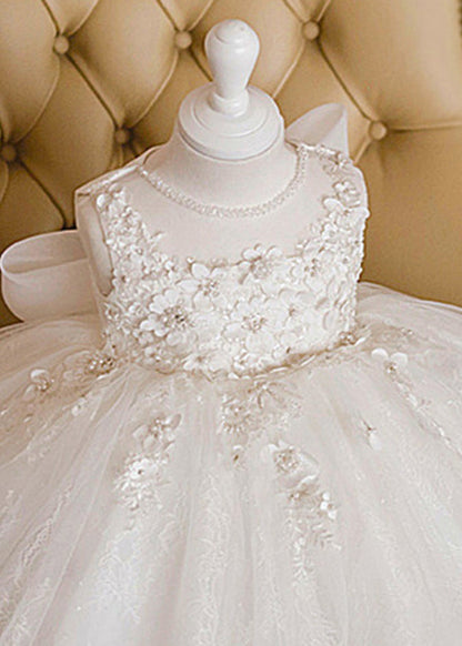 Boutique White Floral Lace Patchwork Tulle Girls Long Dress Sleeveless YS022