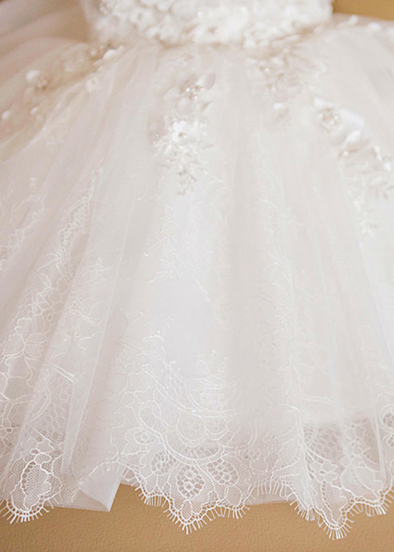 Boutique White Floral Lace Patchwork Tulle Girls Long Dress Sleeveless YS022