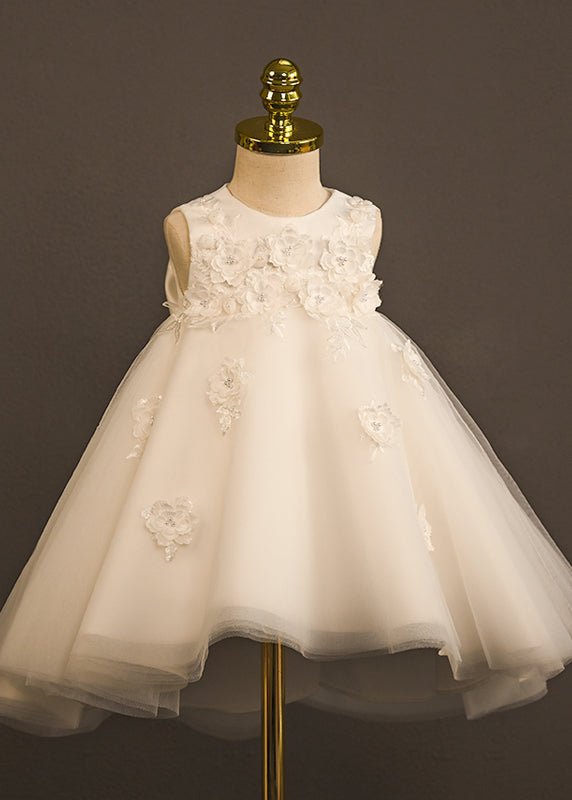 Boutique White O-Neck Patchwork Tulle Girls Long Dress Sleeveless YG006