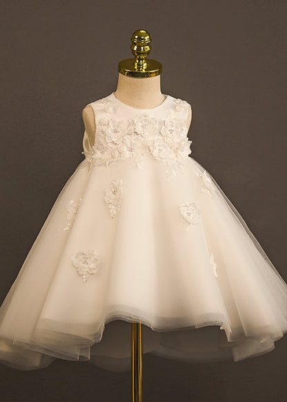 Boutique White O-Neck Patchwork Tulle Girls Long Dress Sleeveless YG006