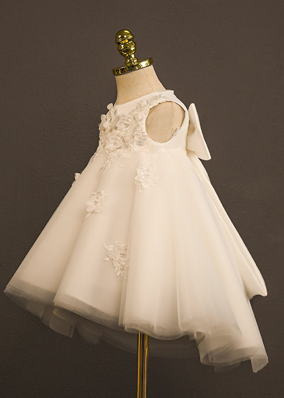 Boutique White O-Neck Patchwork Tulle Girls Long Dress Sleeveless YG006