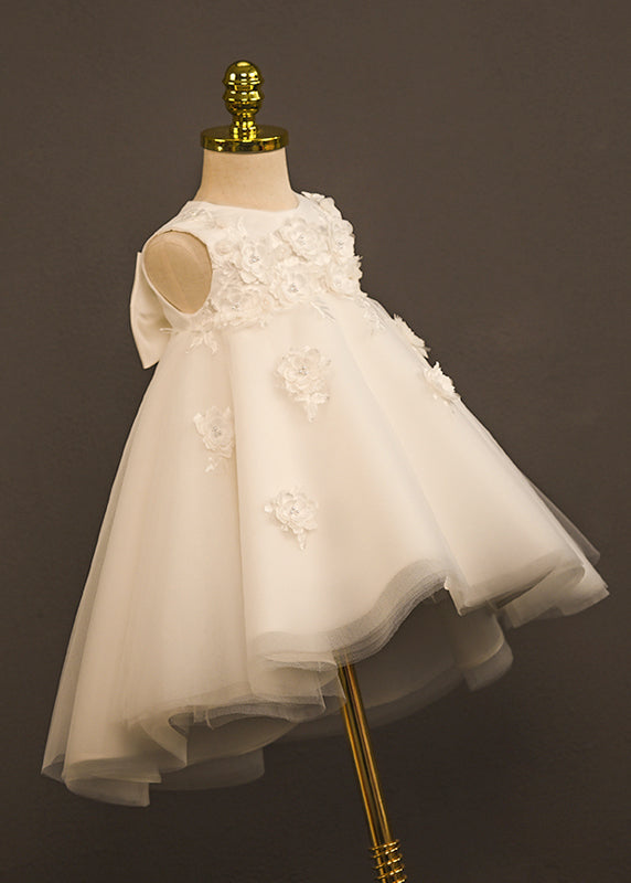 Boutique White O-Neck Patchwork Tulle Girls Long Dress Sleeveless YG006