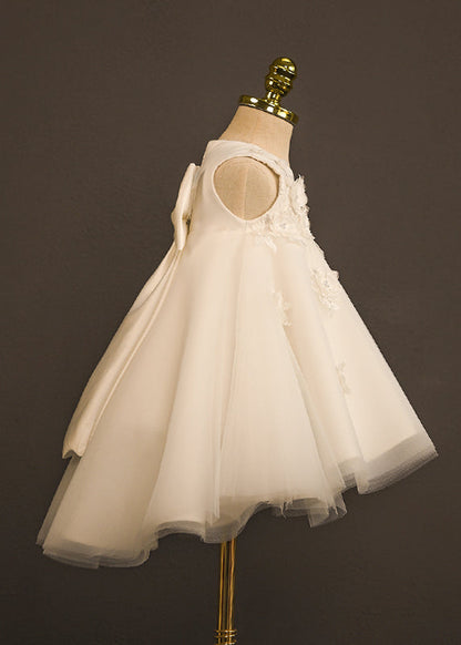 Boutique White O-Neck Patchwork Tulle Girls Long Dress Sleeveless YG006