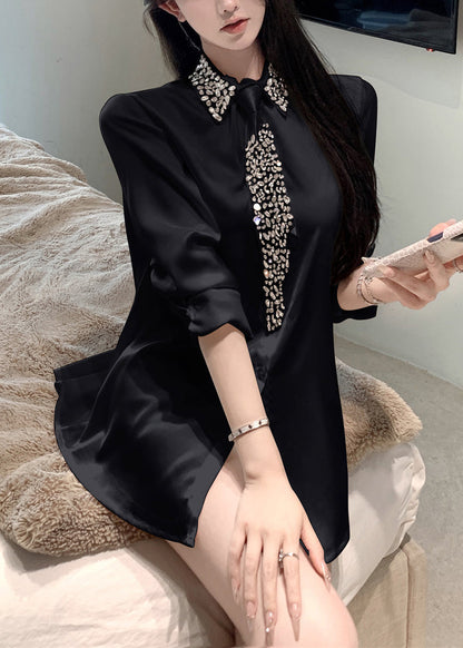 Boutique White Peter Pan Collar Zircon Silk Shirt Top Spring YF011