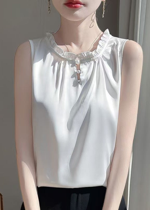 Sleeveless Silk White Boutique Button Ruffled Shirts