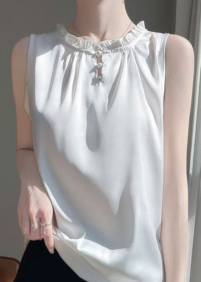 Sleeveless Silk White Boutique Button Ruffled Shirts