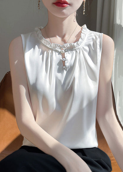 Sleeveless Silk White Boutique Button Ruffled Shirts