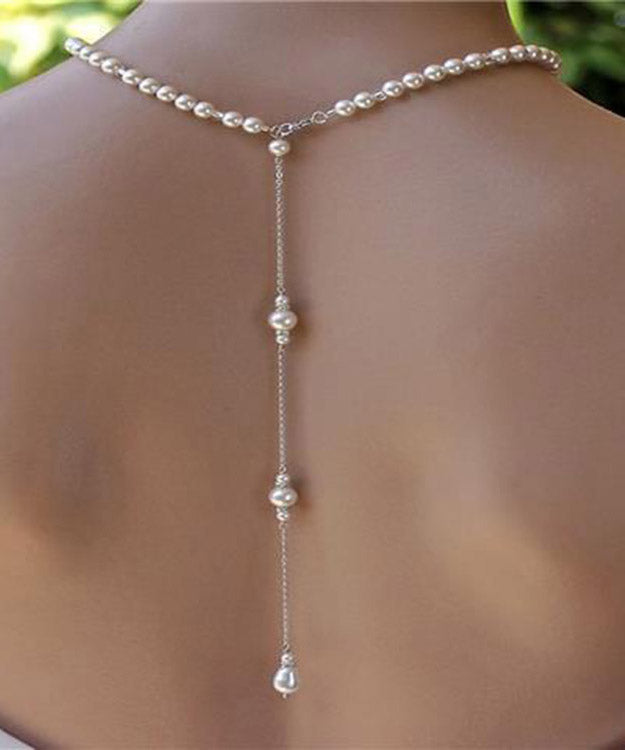 Boutique White Stainless Steel Pearl Chain Tassel Lariat Necklace YA012