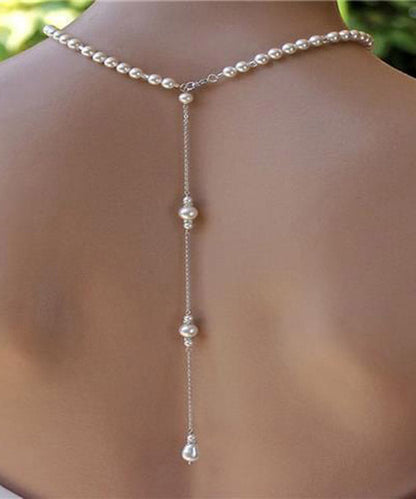 Boutique White Stainless Steel Pearl Chain Tassel Lariat Necklace YA012