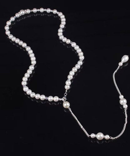 Boutique White Stainless Steel Pearl Chain Tassel Lariat Necklace YA012