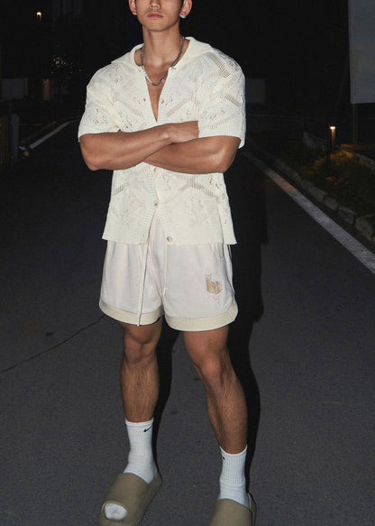 Boutique Shirt Casual Knit Polo Neck V Out Men Hollow White