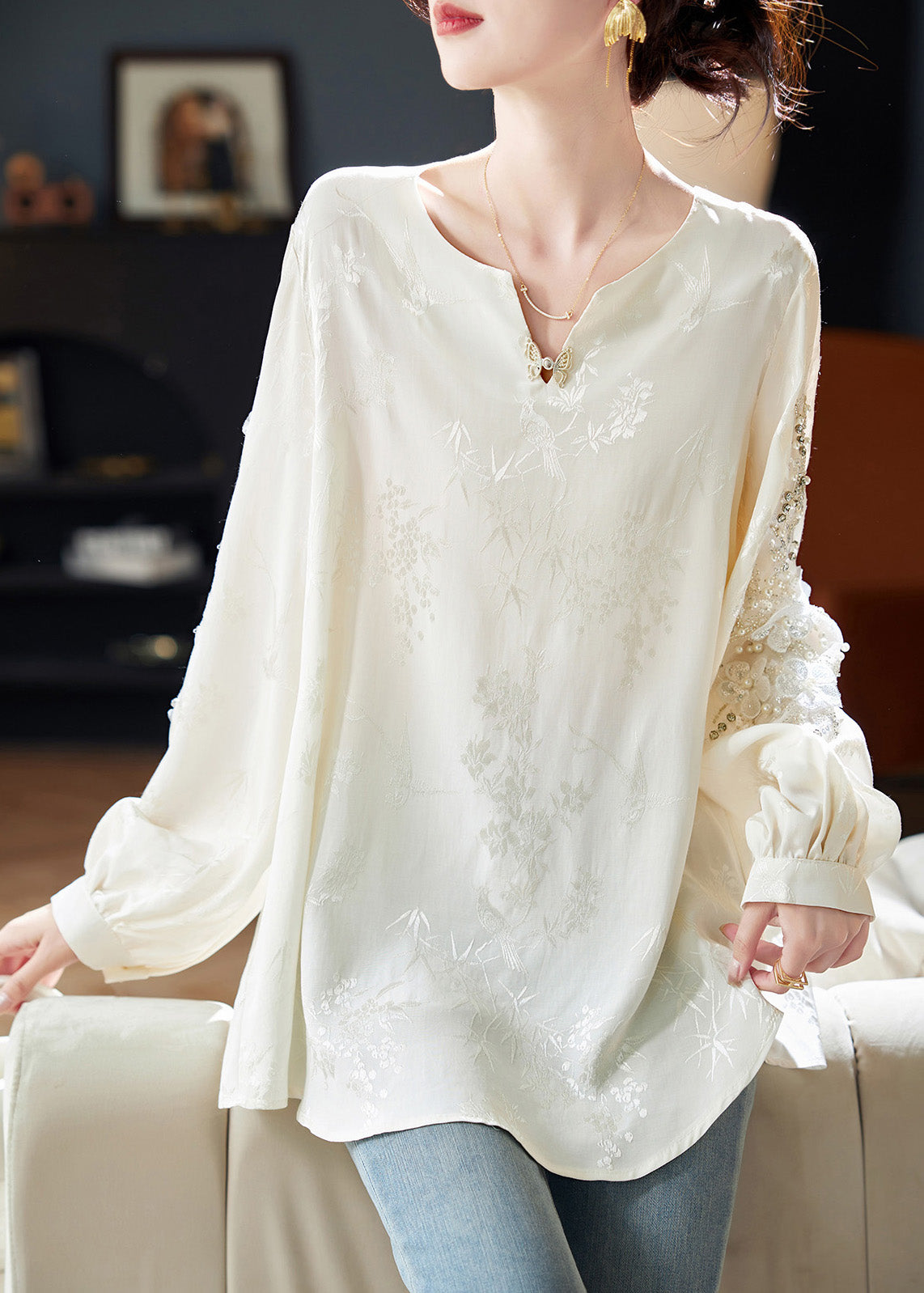 Chiffon Sequins White Neck Boutique Nail V Bead Shirt Spring