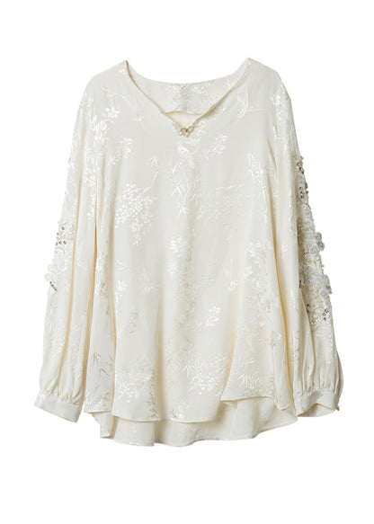Chiffon Sequins White Neck Boutique Nail V Bead Shirt Spring