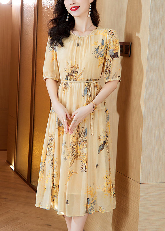 Wrinkled Summer Dress Yellow Up Silk O Neck Print Lace Boutique