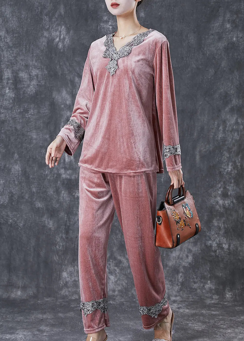 Brick Red Patchwork Lace Silk Velour Two Pieces Set V Neck Fall Ada Fashion