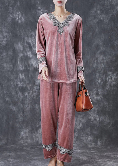 Brick Red Patchwork Lace Silk Velour Two Pieces Set V Neck Fall Ada Fashion