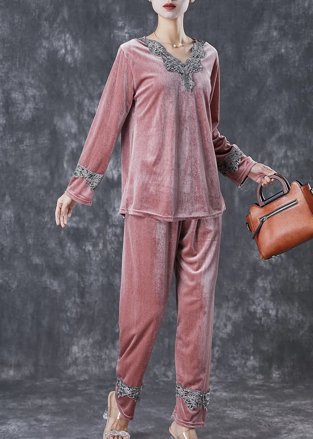 Brick Red Patchwork Lace Silk Velour Two Pieces Set V Neck Fall Ada Fashion