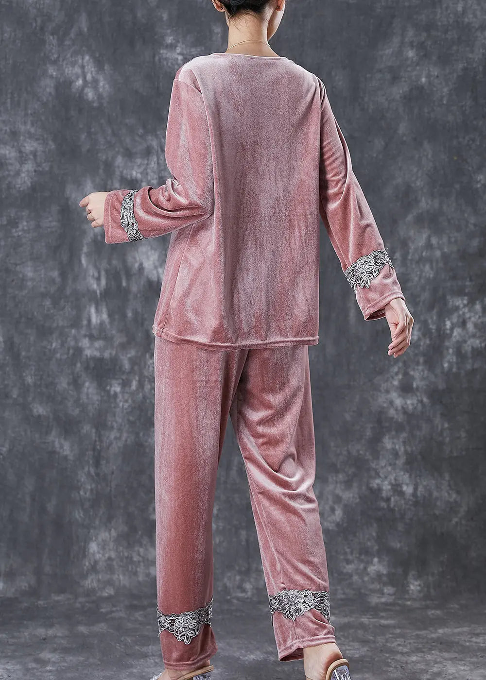 Brick Red Patchwork Lace Silk Velour Two Pieces Set V Neck Fall Ada Fashion