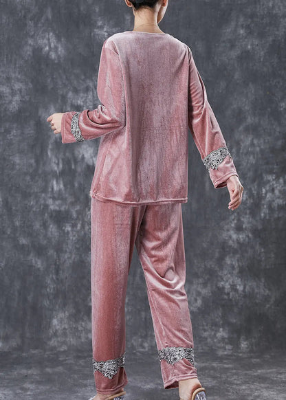 Brick Red Patchwork Lace Silk Velour Two Pieces Set V Neck Fall Ada Fashion