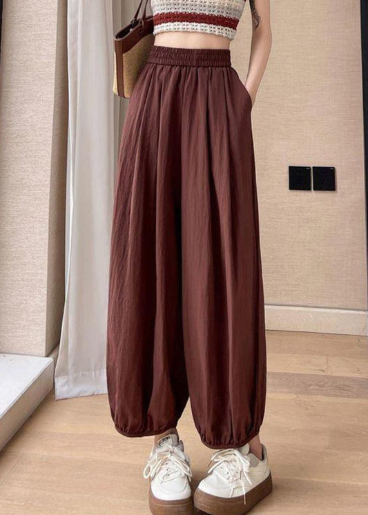 Pockets Elastic Pants Waist Brick Red Crop Solid Summer Cotton