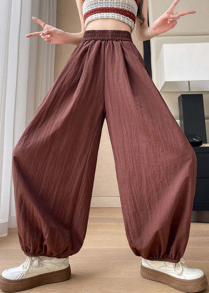 Pockets Elastic Pants Waist Brick Red Crop Solid Summer Cotton