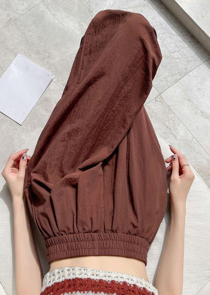 Pockets Elastic Pants Waist Brick Red Crop Solid Summer Cotton