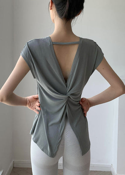 Blackish Solid Brief Wrinkled Sleeve O-Neck Short Green Top Yoga