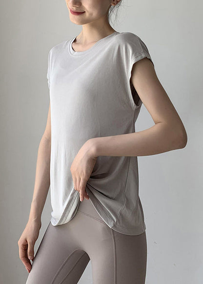 Blackish Solid Brief Wrinkled Sleeve O-Neck Short Green Top Yoga